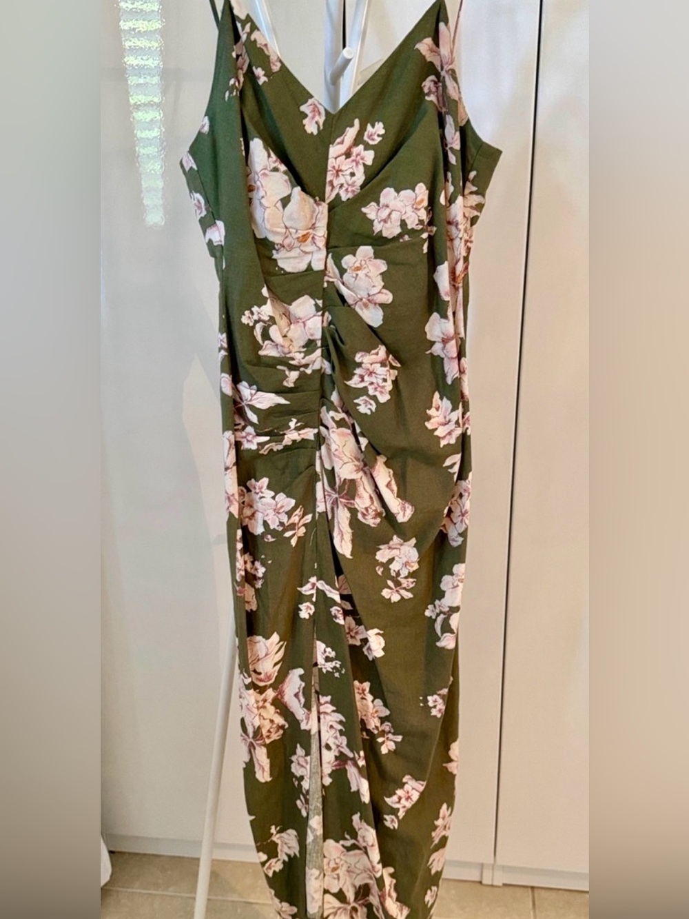 Zara Olive Green Floral Slip Dress with Light Pink Flowers